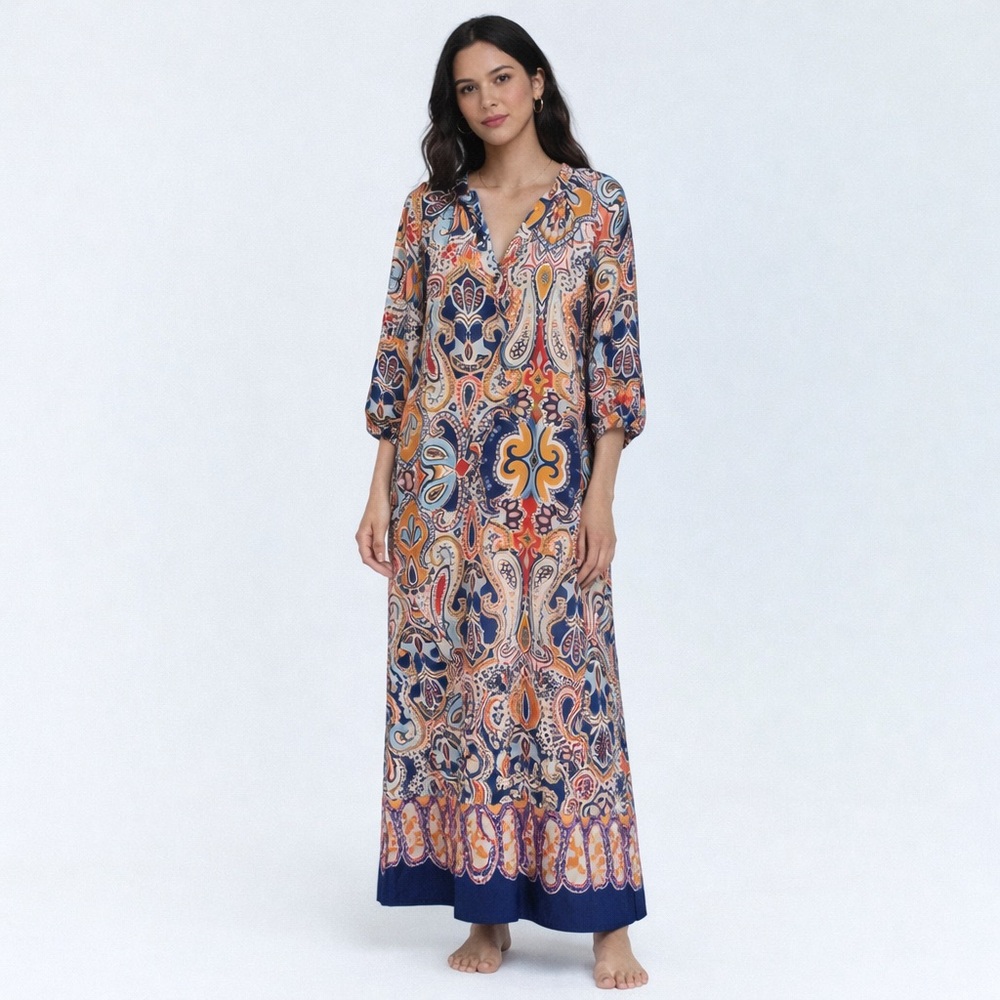Zara Paisley Boho long Dress Size S Button Front boxy resortwear‎ festival scarf